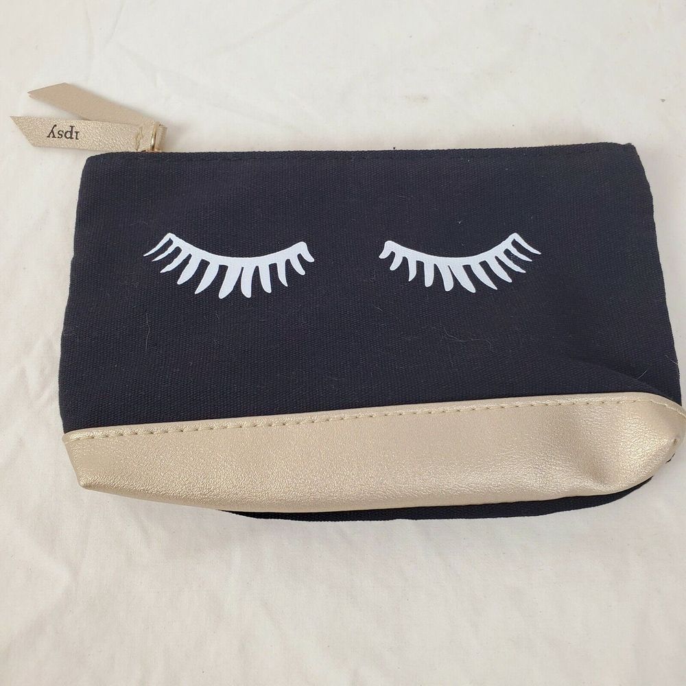 ipsy‎ Makeup Zip Cosmetic Bag Black & Gold Eyelashes